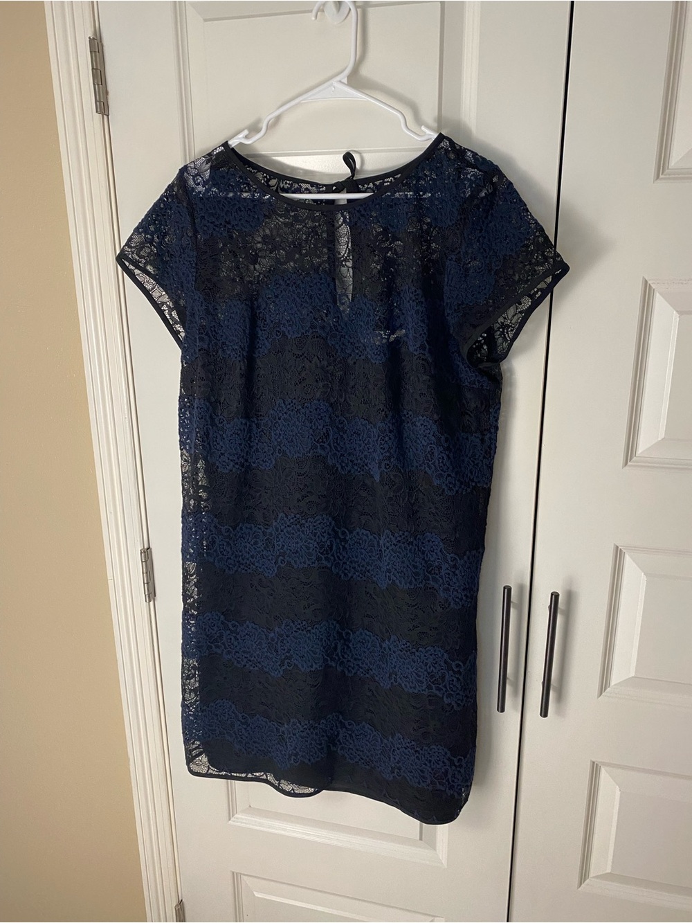 LOFT Navy and Black Lace-Striped Shift Dress